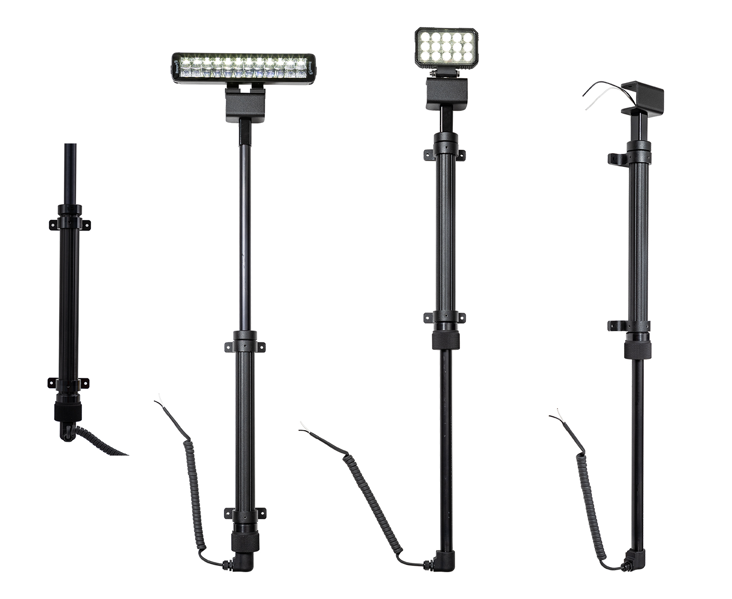 Four adjustable black LED light stands with mounting brackets and flexible cables