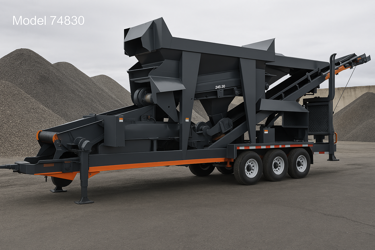 Mobile industrial screening machine with three-axle trailer on gravel lot