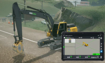 Excavator working on construction site with digital control display showing machine location