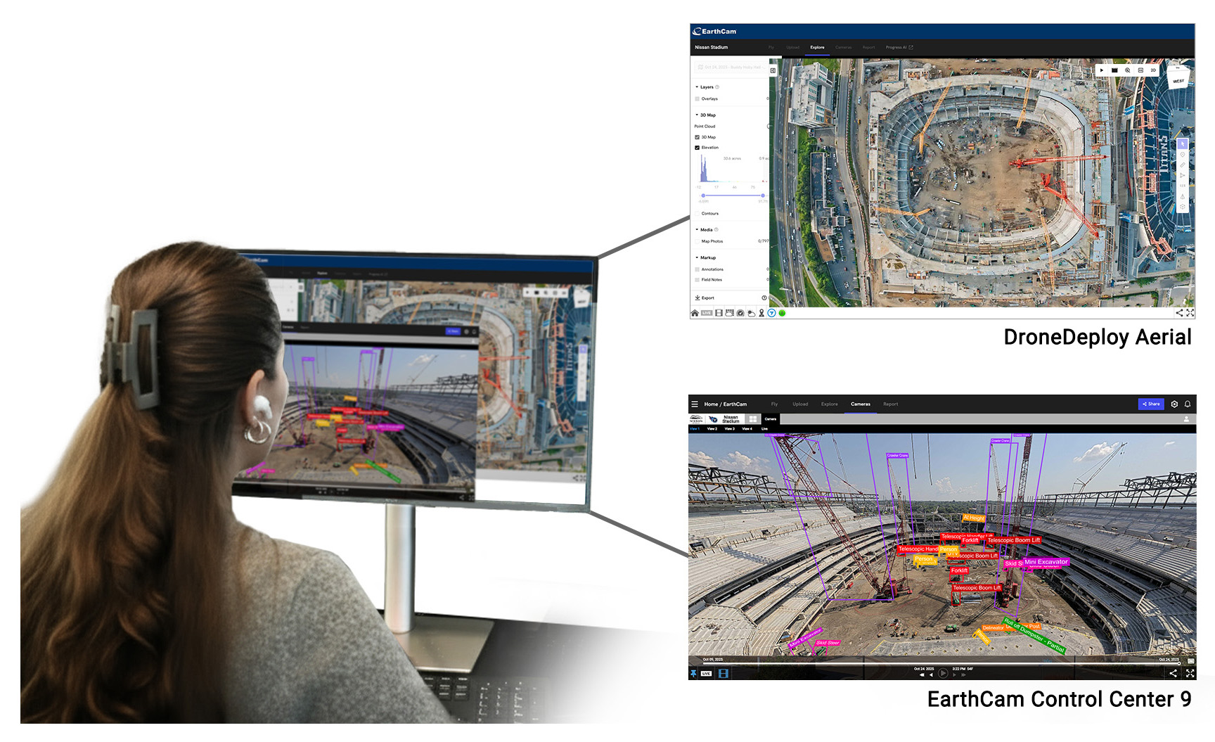 Construction site aerial mapping with drone monitoring screens showing site progress