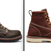 Two work boots side by side - one dark gray, one reddish-brown