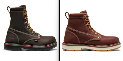 Two work boots side by side - one dark gray, one reddish-brown