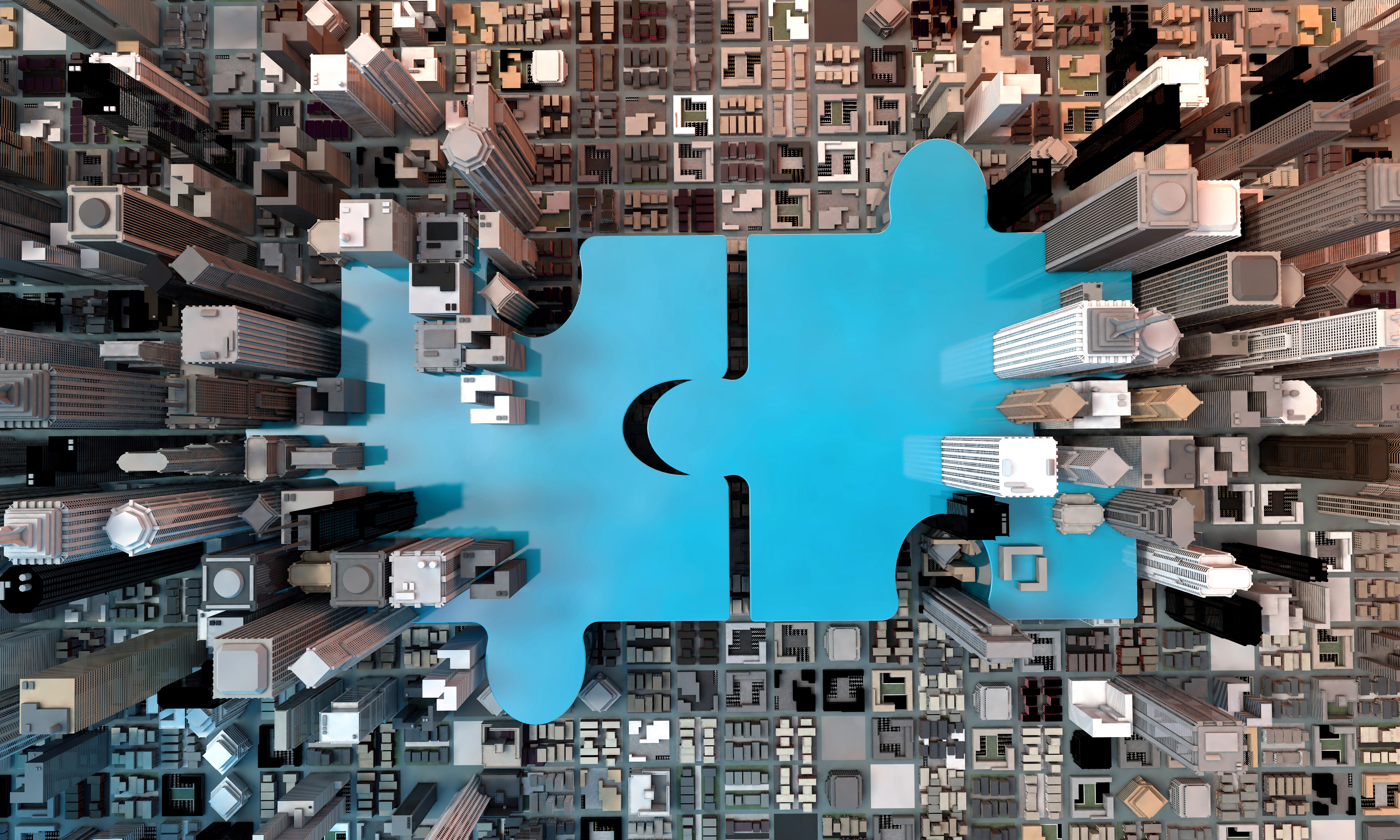 Blue puzzle piece connecting urban landscape, symbolizing technological integration
