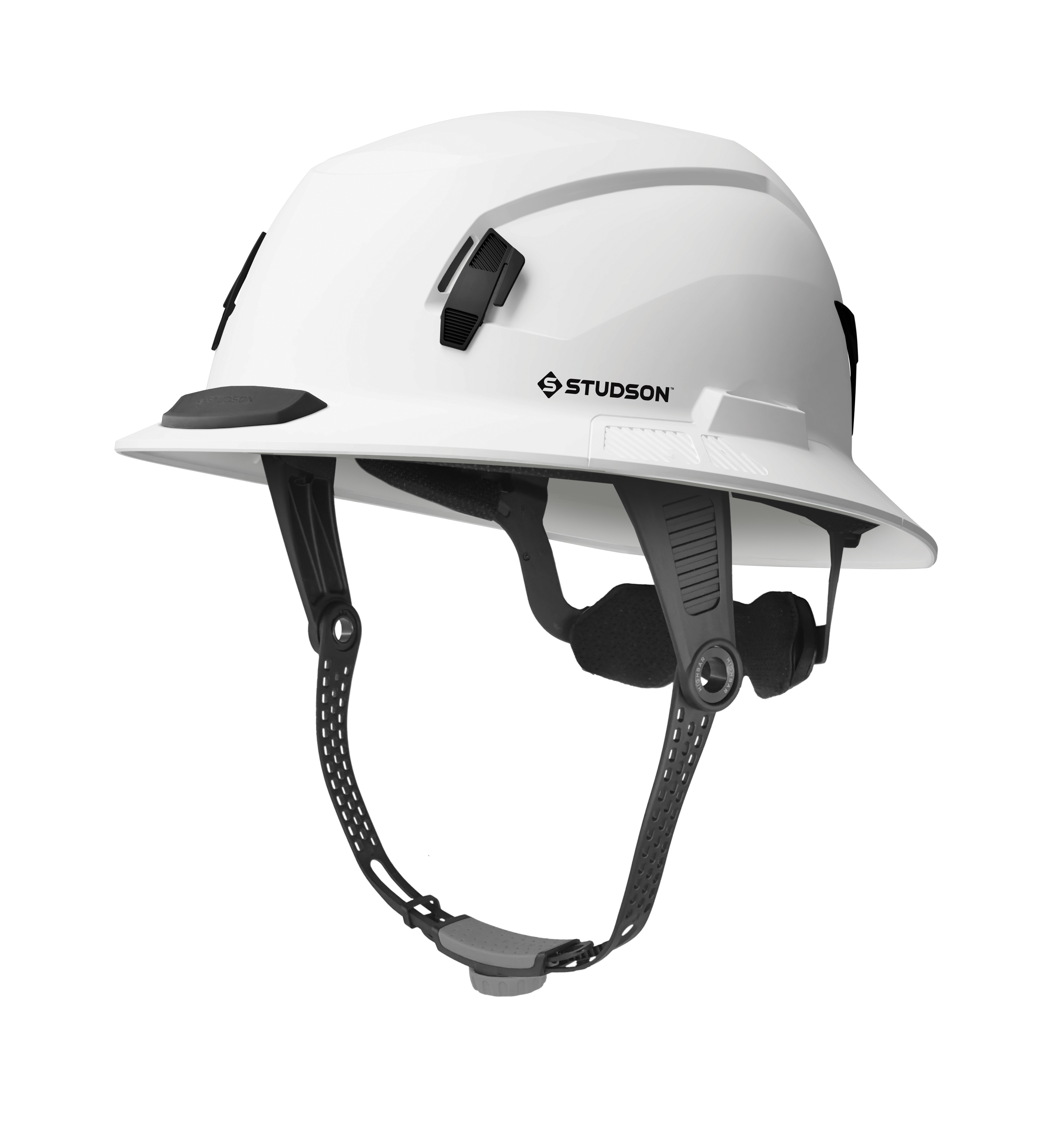 White Studson safety helmet with black straps and adjustable features