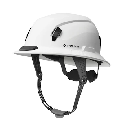 White Studson safety helmet with black straps and adjustable features
