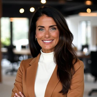 Professional woman smiling in brown blazer in modern office setting