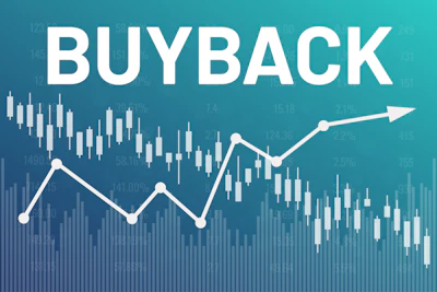 Financial chart showing stock buyback trend with rising arrow and candlestick graph