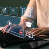 Digital learning interface with holographic icons showing online education technology