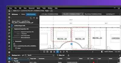 Architectural design software interface with floor plan layout and meeting room drawings