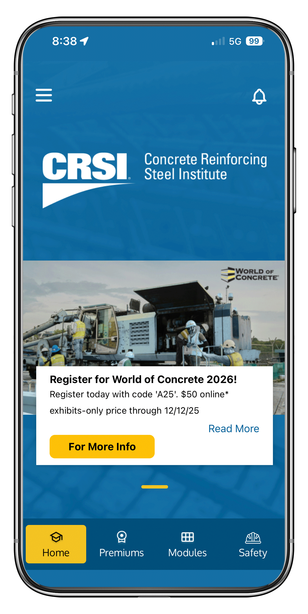 CRSI logo for Concrete Reinforcing Steel Institute on mobile app screen