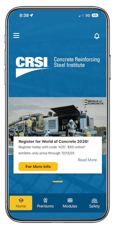 CRSI logo for Concrete Reinforcing Steel Institute on mobile app screen