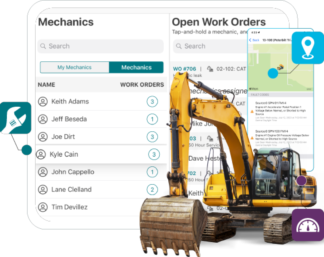 Construction management software interface with mechanic list, work orders, and yellow excavator
