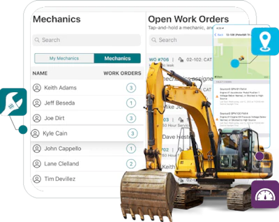 Construction management software interface with mechanic list, work orders, and yellow excavator