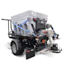 Industrial snow spreader truck with gray hopper and mechanical spreading equipment