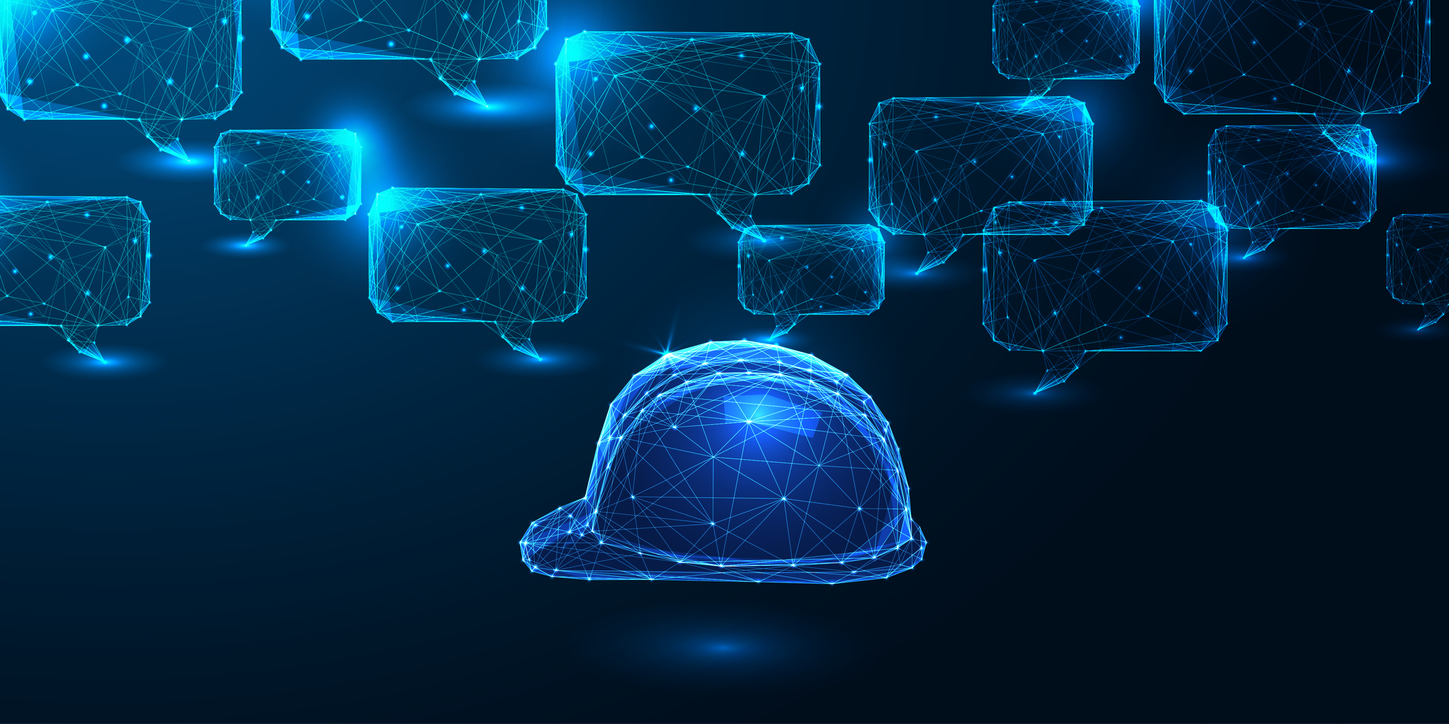Digital network visualization with blue wireframe cubes and safety helmet icon