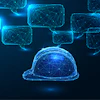 Digital network visualization with blue wireframe cubes and safety helmet icon