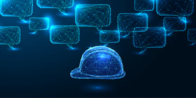 Digital network visualization with blue wireframe cubes and safety helmet icon