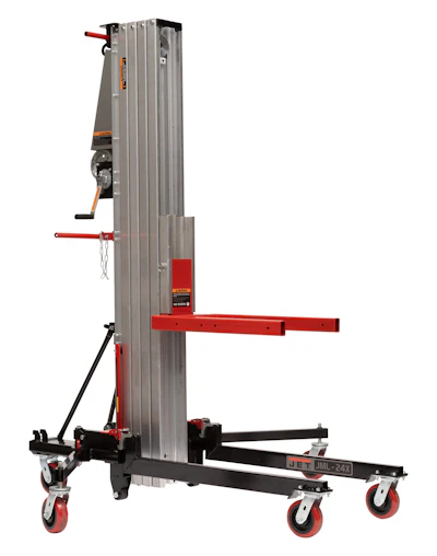 JET mobile material lift with telescoping vertical column and red adjustable support arms