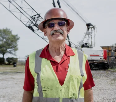 Mature construction worker in safety vest and hard hat near industrial equipment Headshot