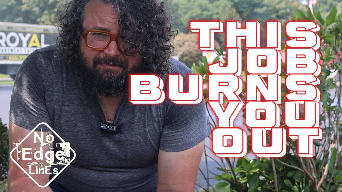 Bearded man with glasses in gray shirt, 'This Job Burns You Out' text overlay