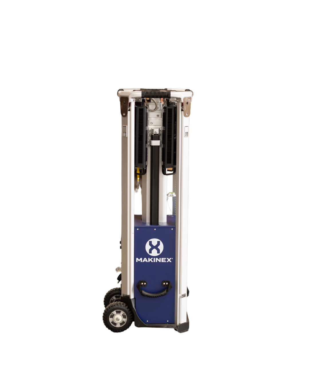 Blue and white Makinex portable mechanical lifting device with wheels