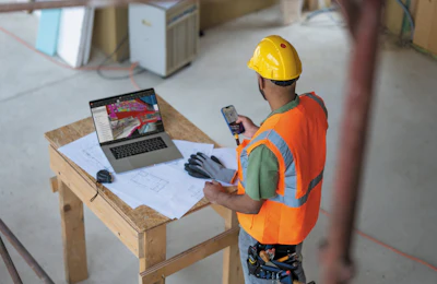 Construction worker in safety vest and hard hat reviewing plans on laptop and mobile