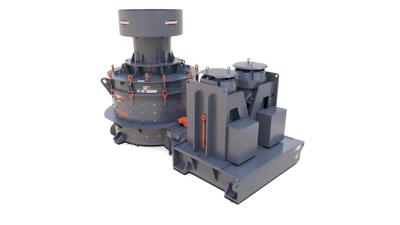 Large industrial vertical shaft machinery with gray metal components and orange highlights
