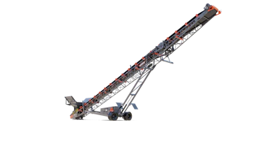 Mobile inclined conveyor belt with gray and orange industrial machinery