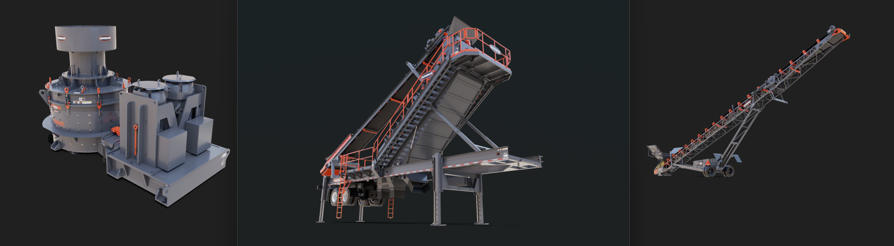 Three industrial conveyor and processing machine models in grayscale and red