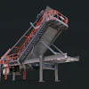 Three industrial conveyor and processing machine models in grayscale and red
