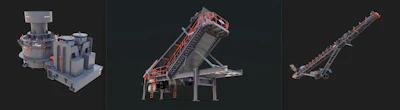Three industrial conveyor and processing machine models in grayscale and red