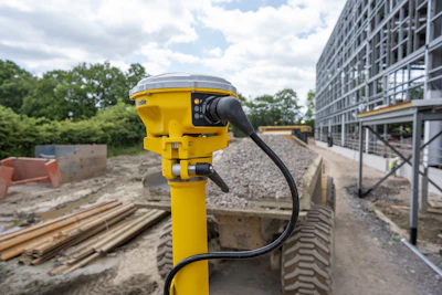 Yellow surveying equipment on construction site with gravel and building scaffolding