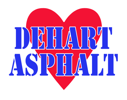 Dehart Asphalt red heart logo with blue stencil-style lettering