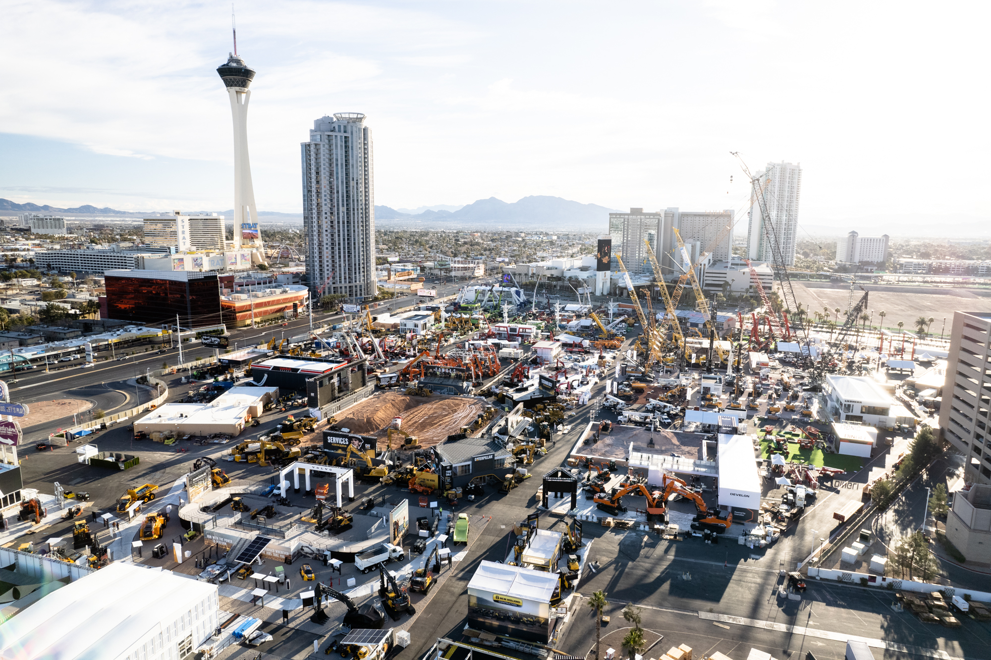Aerial view of Las Vegas construction site with Stratosphere Tower and urban landscape