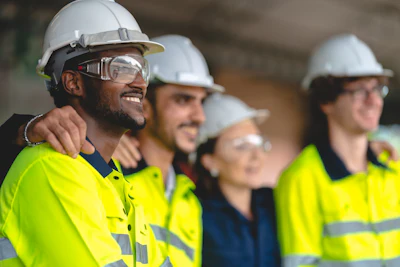 Construction workers in bright safety vests and hard hats standing together