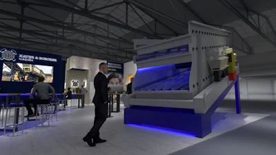 Industrial exhibition booth with blue-lit machinery and display screen