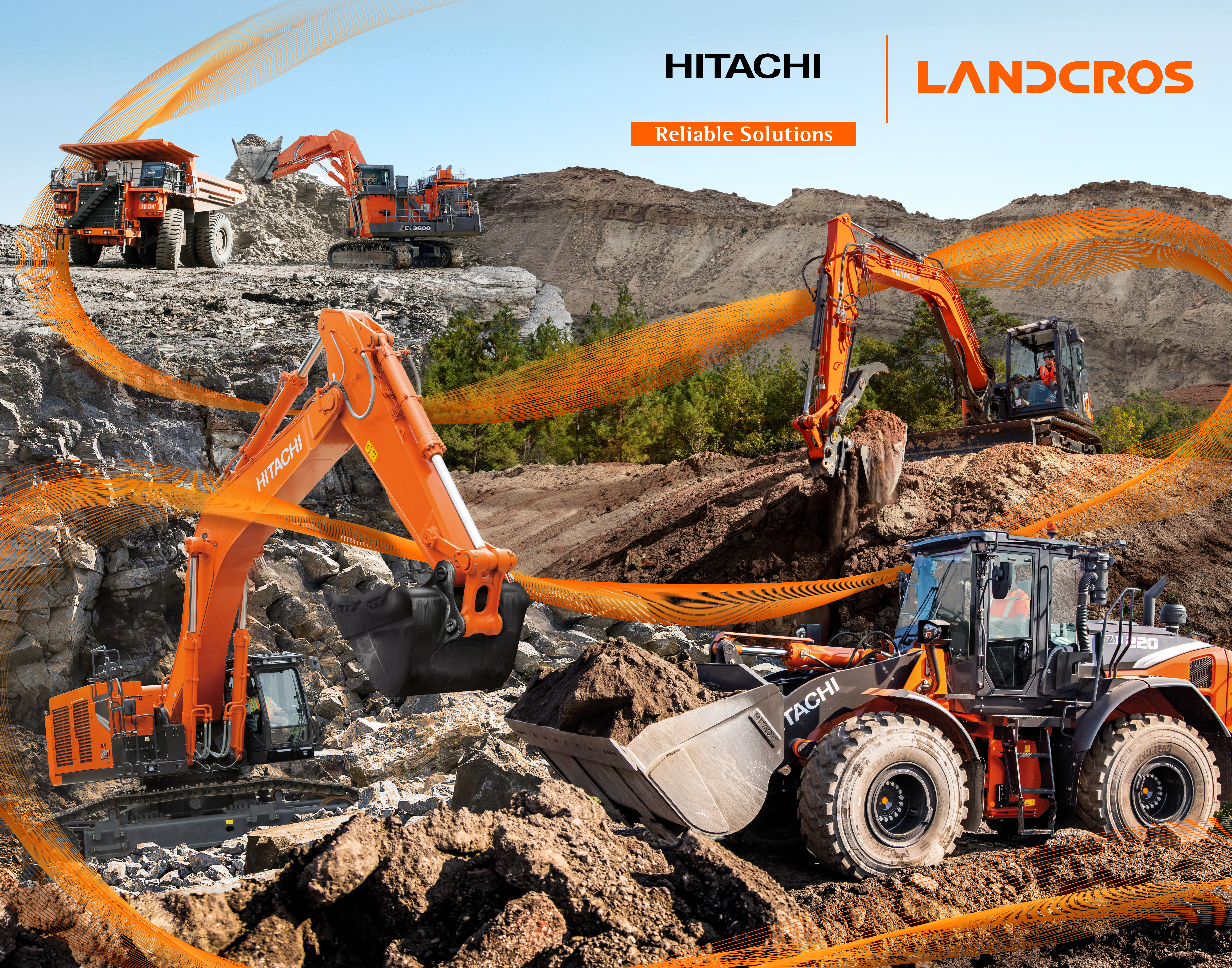 Hitachi construction equipment excavating rocky terrain with orange machinery
