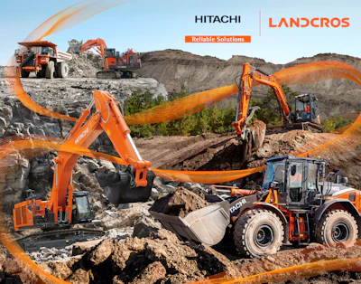 Hitachi construction equipment excavating rocky terrain with orange machinery