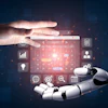 Robotic and human hands interacting with futuristic digital calendar interface