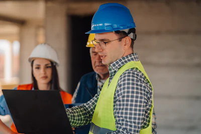 Construction workers in hard hats and safety vests reviewing project details on laptop
