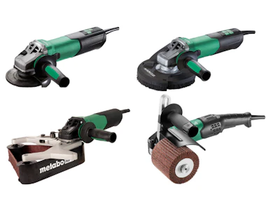 Four Metabo power tools and angle grinders in green and black
