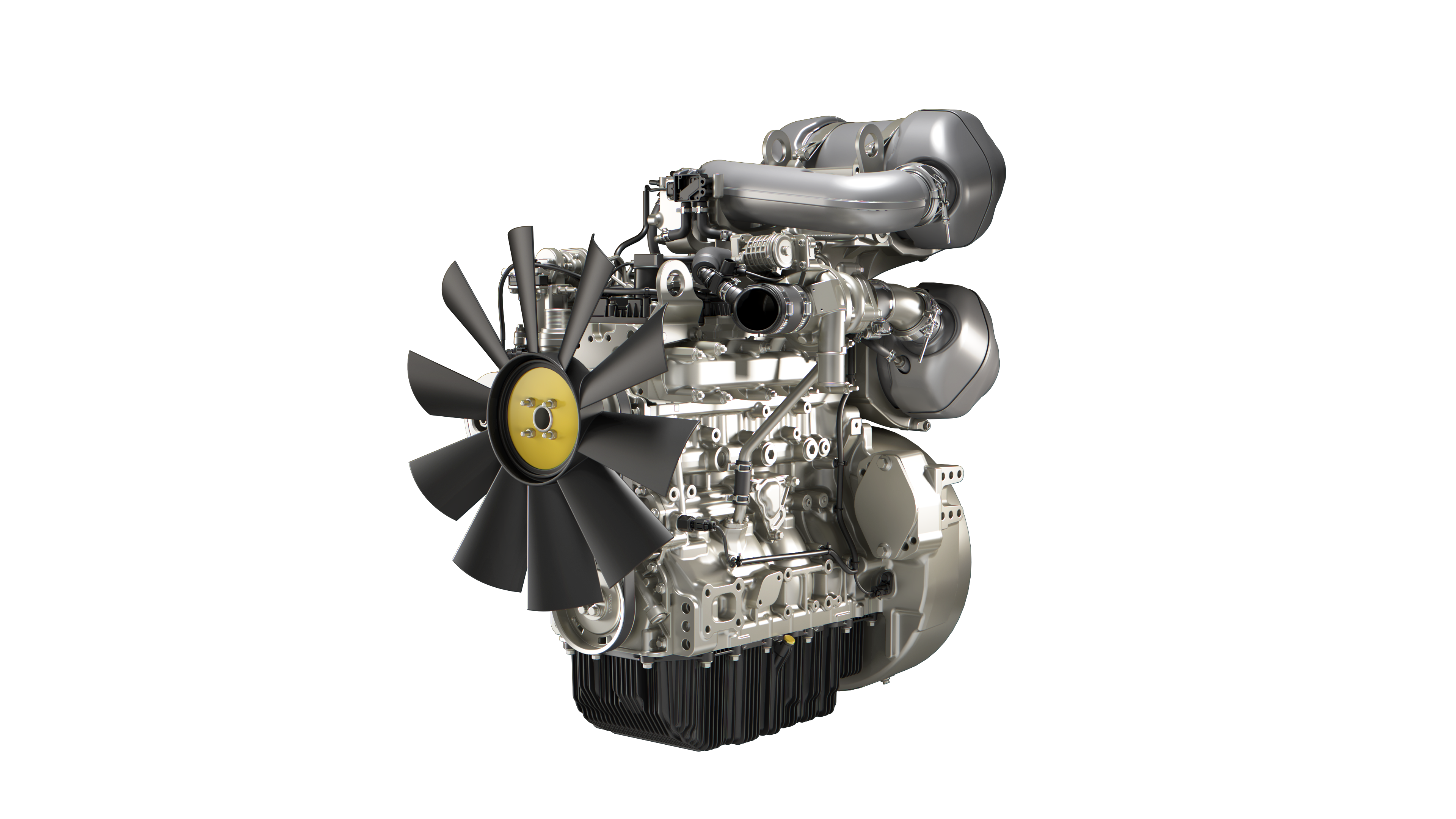 Industrial diesel engine with cooling fan and metallic components