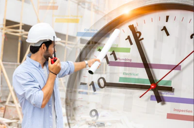 Construction manager checking time on project timeline clock at building site
