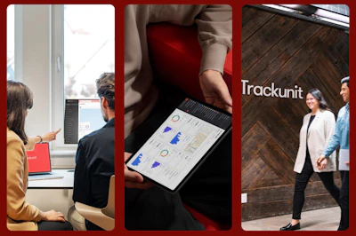 Trackunit corporate workspace scenes showing team collaboration and digital analytics