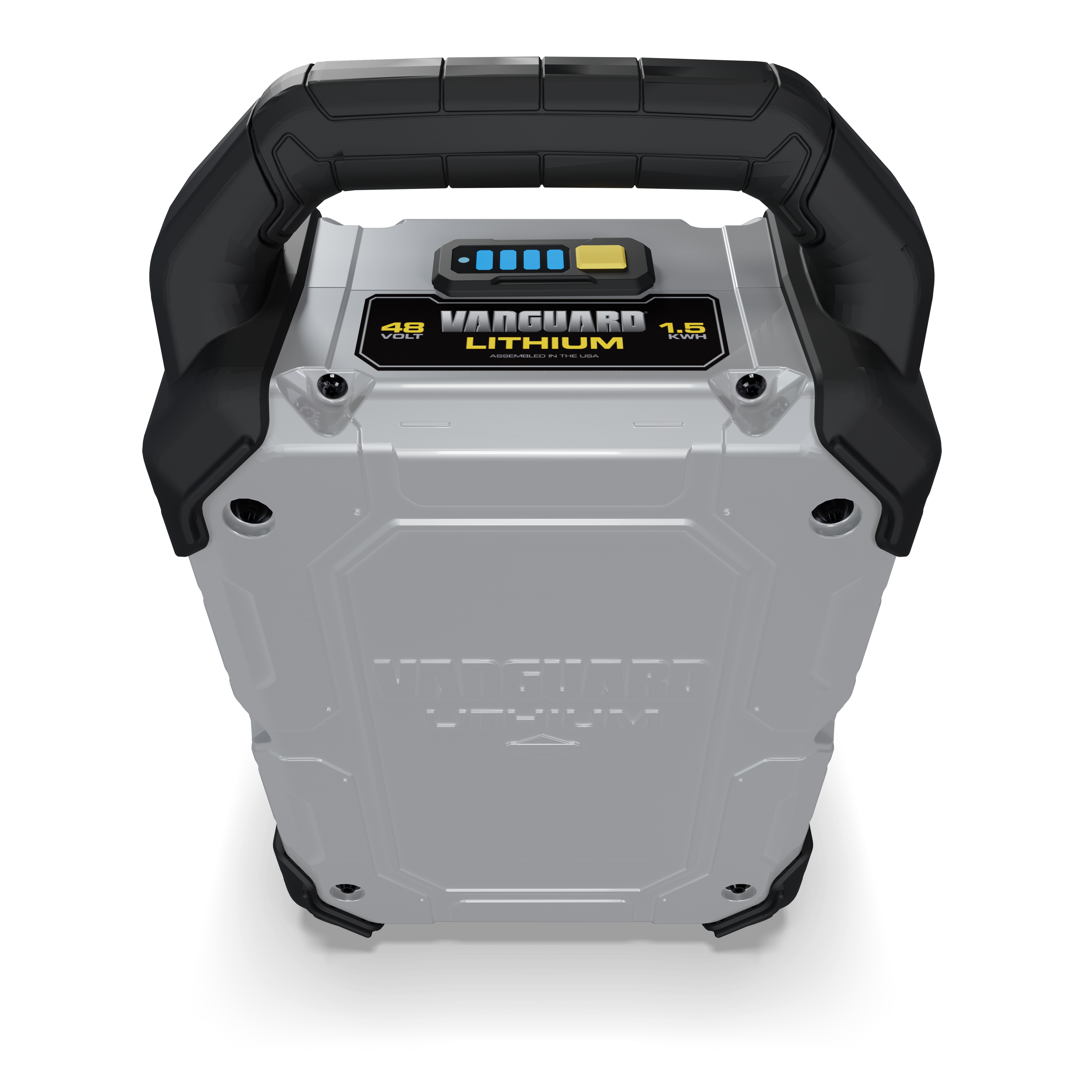 Vanguard Lithium battery pack with black protective edges and digital charge indicator