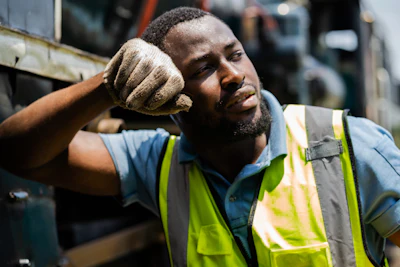 Fatigued construction worker in safety vest resting hand on head