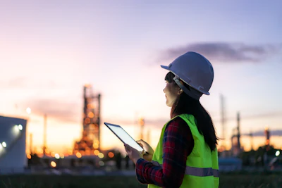 Construction worker in safety vest and hard hat using tablet at industrial site sunset