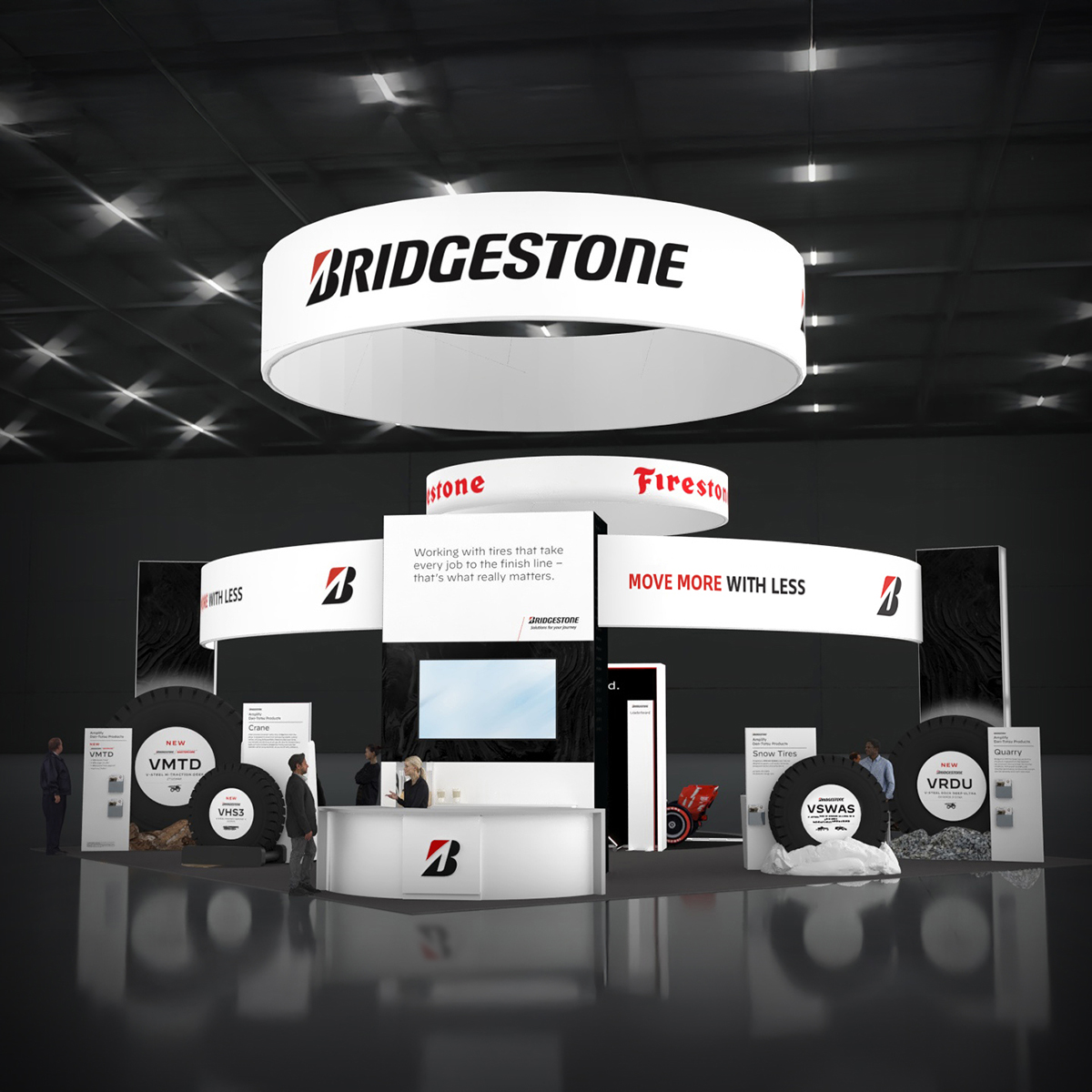 Bridgestone trade show booth with illuminated signage, featuring 'Move More with Less' tagline and multiple product displays