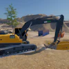 Yellow and black excavator operating in a quarry with construction equipment and sand stockpiles