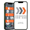 Smartphone displaying CONEXPO CON/AGG event app with orange chevron logo and Las Vegas event details for March 3-7, 2026